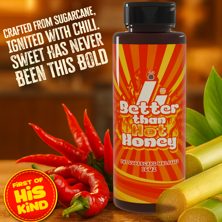 Better Than Honey Hot Molasses crafted from sugarcane and chili – bold sweet heat flavor for cooking, marinades, and desserts.
