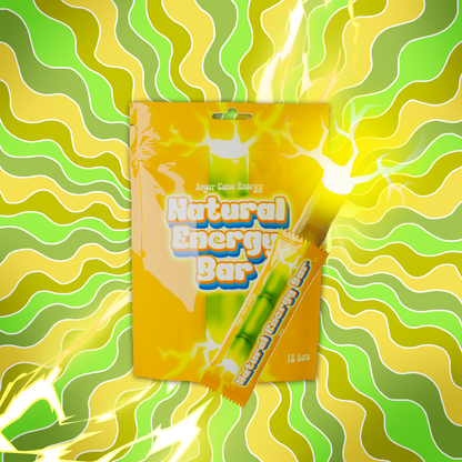 Packaging of a 'Natural Energy Bar' with a colorful wavy pattern in the background
