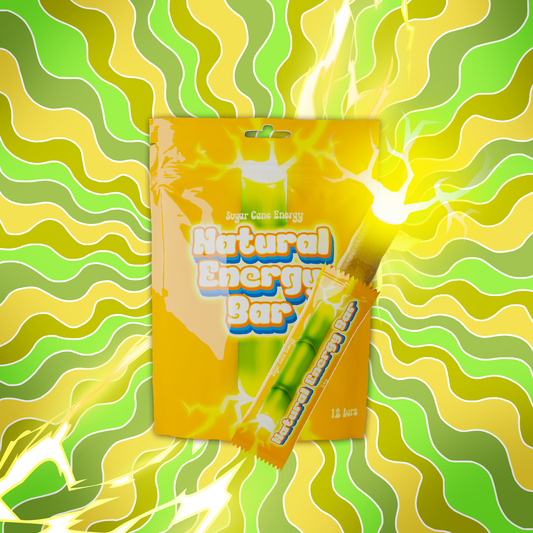 Packaging of a 'Natural Energy Bar' with a colorful wavy pattern in the background