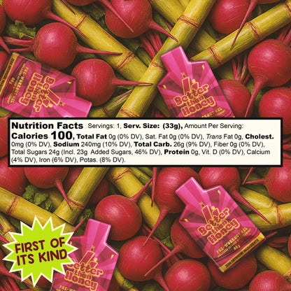 Pink packets of 'Better Than Honey' on a background of red radishes and green bamboo stalks, with nutrition facts displayed.