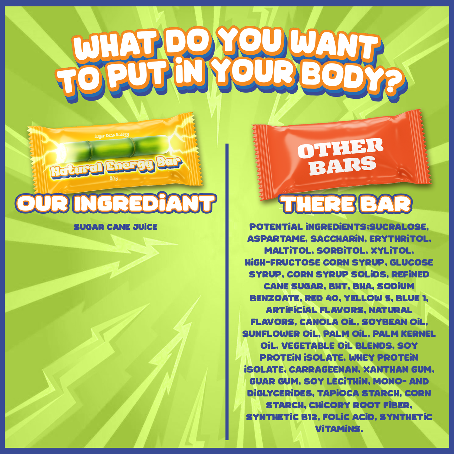 Comparison of 'Our Ingredient' energy bar and 'Other Bars' with ingredient lists on a green and blue background.