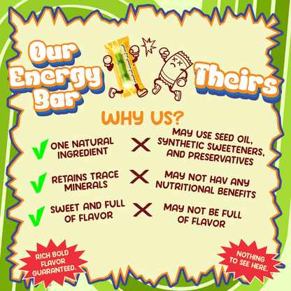 Comparison chart between 'Our Energy Bar' and 'Their Energy Bar' with text and graphics.