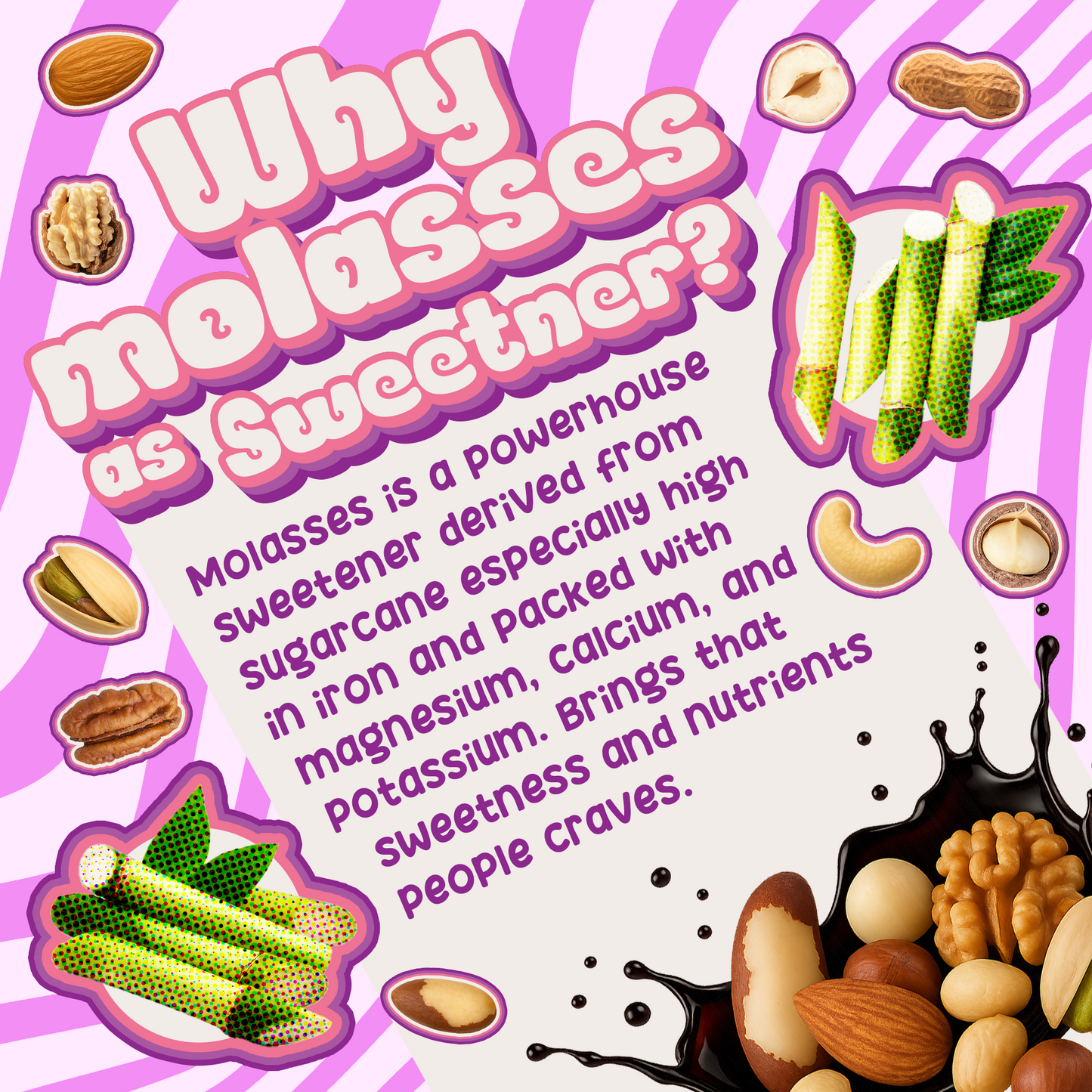 Why molasses is better infographic by Better Than Honey showing iron, calcium, and magnesium benefits compared to sugar and honey.