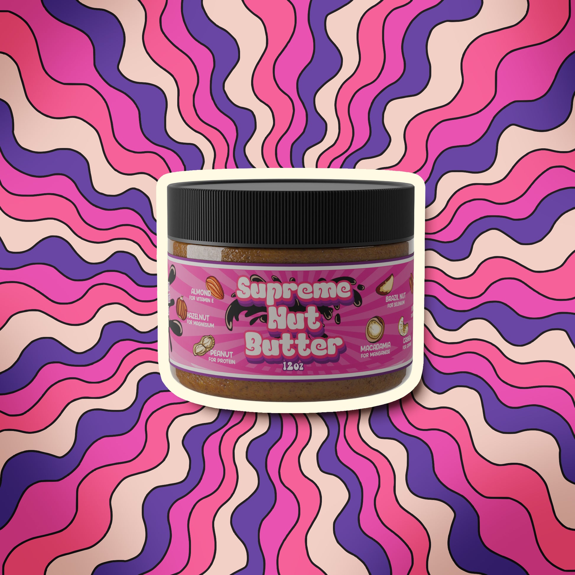 Better Than Honey Supreme Nut Butter jar with purple wave background – blend of nine nuts and molasses for protein and minerals.