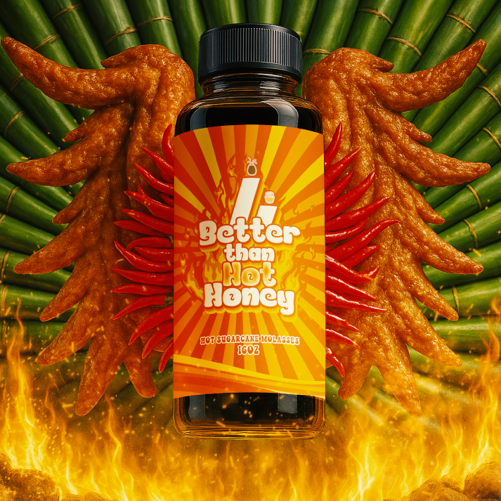 Better Than Honey Hot Molasses bottle surrounded by chili peppers and flames – spicy molasses made with sugarcane and heat.