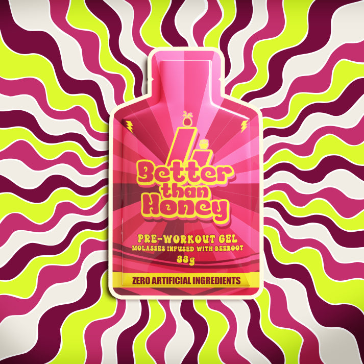 Pre-workout gel packaging with colorful wavy pattern