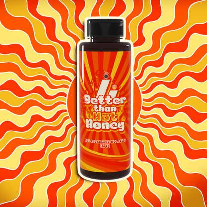Better Than Honey organic molasses bottle with radiant orange sugarcane swirl background – natural sweetener rich in iron and minerals.