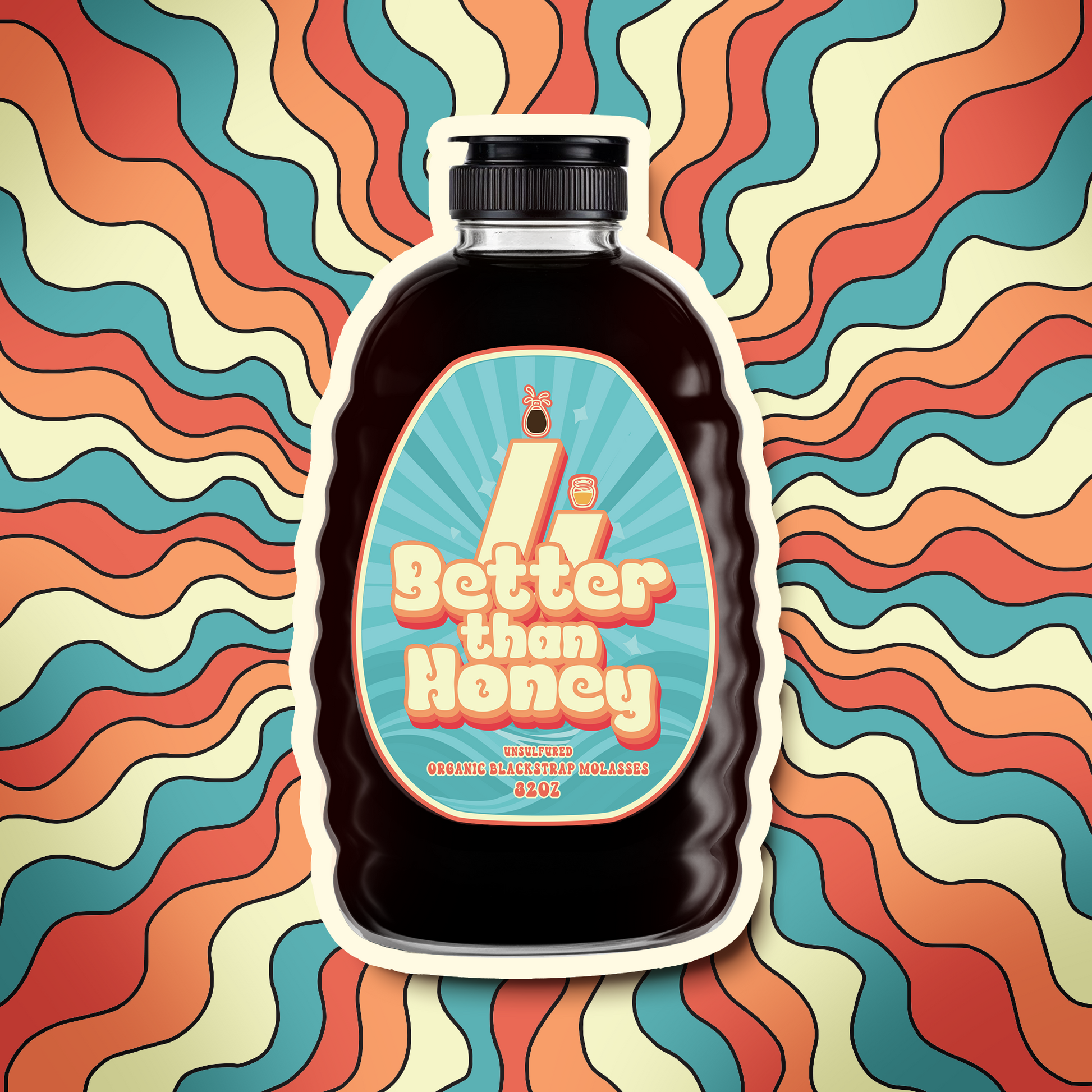 Better Than Honey organic blackstrap molasses bottle with wavy orange background – natural sweetener rich in iron, magnesium, and potassium.