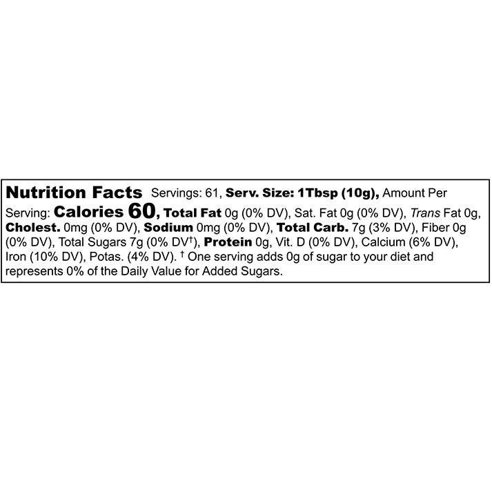 Better Than Honey organic blackstrap molasses nutrition facts and ingredients panel showing vitamins, minerals, and low sugar content.