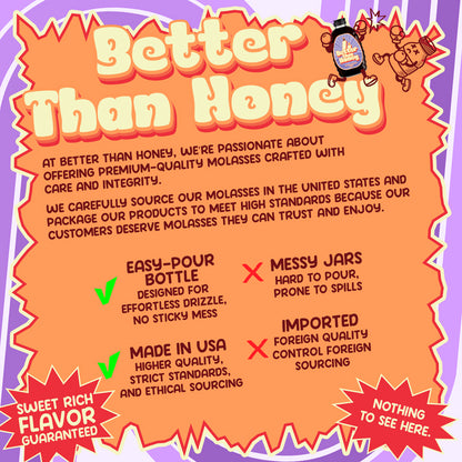Better Than Honey sugar cane molasses bottle on orange background – deep sweet flavor made from 100% pure sugarcane.